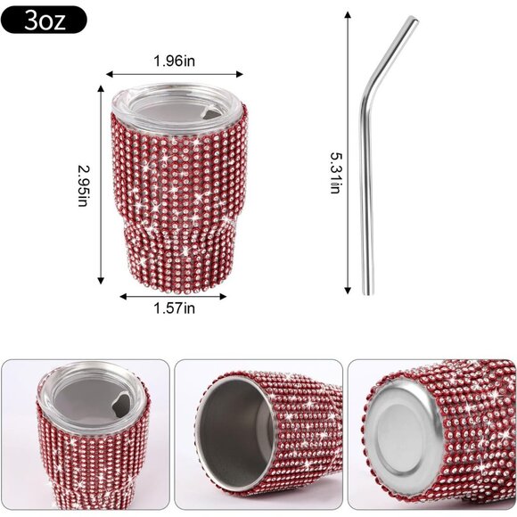 Red 3oz Diamond Stainless Steel Tumbler Shot Glass with Straw – Mini Travel Cup - Picture 2 of 6